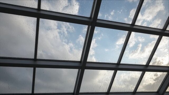 Cinematic city timelapse background through rain covered glass roof skylight window showing drifting clouds, changing sunlight, geometric architecture, dark metal framing, spacious ceiling