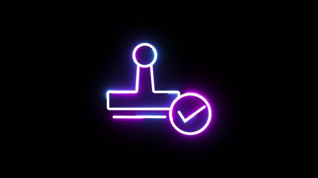 Neon stamp icon with check mark glowing with light effects on dark background stock clip.