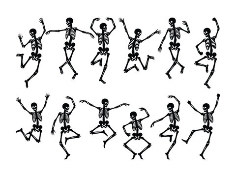 Funny dancing skeletons silhouettes set in various energetic poses for halloween party design.