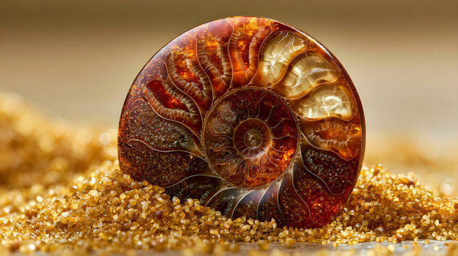 Ammonite fossil shell in golden sand, prehistoric marine mollusk specimen macro shot
