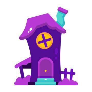 Flat Halloween icon of a crooked purple haunted house with a tiny fence, with bold cartoon shapes, clean edges, bright colors, and a simple white background.