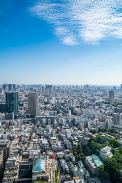 Aerial view of dense Tokyo cityscape and skyline with blue sky, Japan