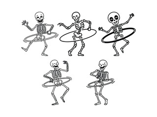 Fototapeta premium Skeleton characters playing with hula hoops for fun party invitations or halloween themed decorations