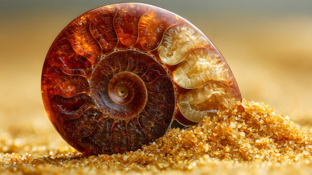 Macro shot of a fossilized ammonite shell resting on golden sand grains.