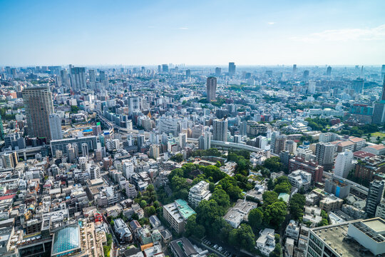 Aerial view of dense Tokyo cityscape and skyline with blue sky, Japan