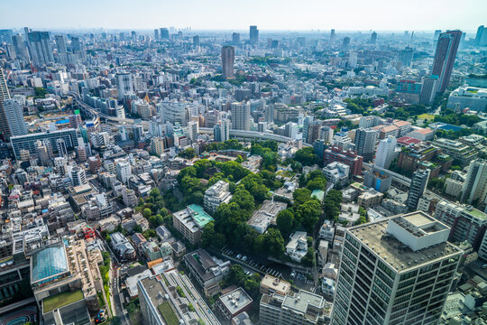 Aerial view of dense Tokyo cityscape and skyline with blue sky, Japan