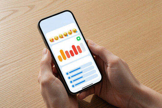 Hands hold smartphone displaying mood tracker app with emotion icons bar graphs and list. Digital interface helps track well-being and daily life management.