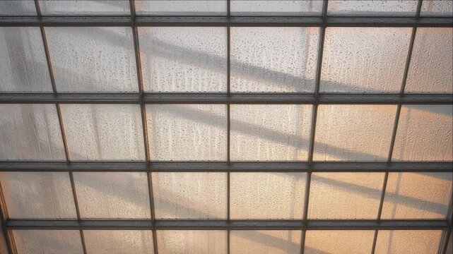 Cinematic City Timelapse Background Featuring Geometric Glass Roof Skylight Architecture Pattern, Rain Droplets, Warm Sunlight, Dramatic Shadows, Translucent Industrial Ceiling, Urban Light and Calm