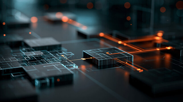 Abstract futuristic microprocessor board with glowing orange energy flow circuits for advanced computing and hardware technology.