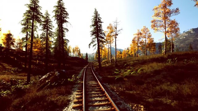 Early morning sunlight highlights broad landscape and tranquil atmosphere, Golden dawn gently lights up train tracks as expansive meadows stretch into horizon