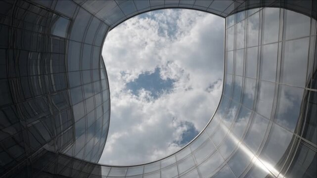 Cinematic City Timelapse Background, Modern Glass Atrium Architecture Reflection Framing Cloudy Sky, Curved Roof, Sunlight, Dramatic Cloudscape, Futuristic Urban Perspective