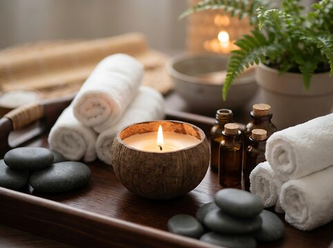 Coconut shell candle with natural spa stones and eucalyptus leaves arrangement relaxation