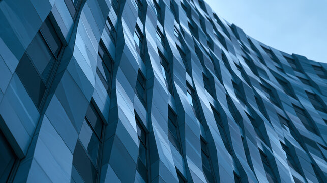 Abstract geometric facade of modern building with blue reflective glass panels and wavy architectural design for urban backgrounds.