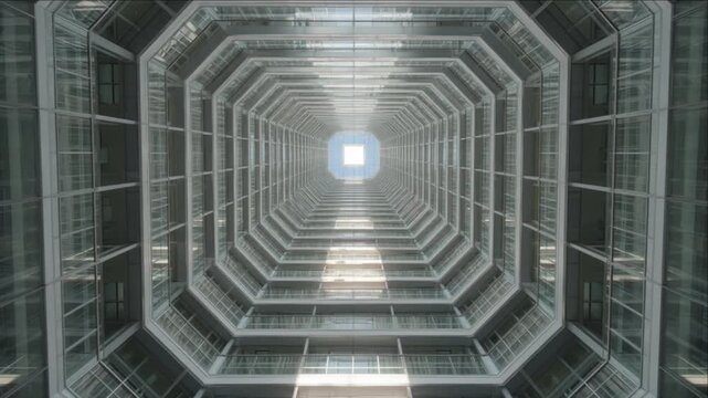 Geometric Glass Atrium Architectural Symmetry, Upward View Toward Bright Opening, Cinematic City Timelapse Showing Repeating Reflective Frames, Luminous Skylight, Futuristic Perspective and Depth
