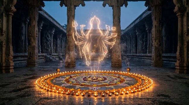 Glowing silhouette of Goddess Durga inside an Indian temple with oil lamps