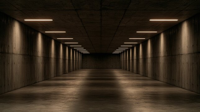 Empty dark underground corridor with repeating lights