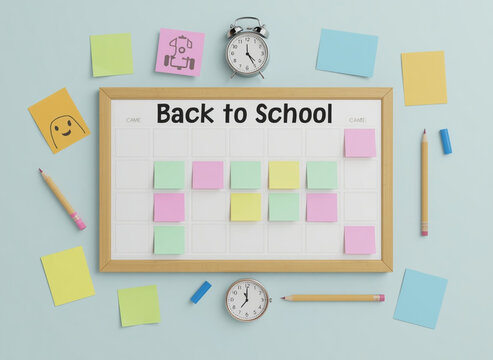 Planning calendar board with colorful sticky notes and school supplies flat lay.