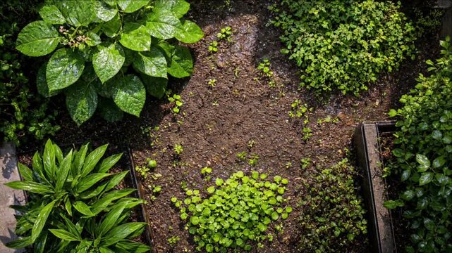 Lush Garden Timelapse Background, Cinematic City Foliage with Green Plant Leaf Ground Cover, Wet Soil Texture and Rainy Urban Nature Scene for Relaxing Visuals