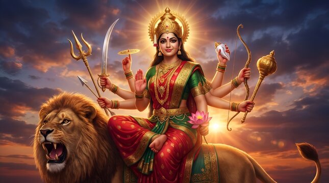 happy navratri Durga Mahashakti The Celestial Slayer of Mahishasura Illuminated in Divine Radiance, Adorned with Astral Weapons and Sacred Ornaments, Standing Victorious Amidst Cosmic Light Bursts