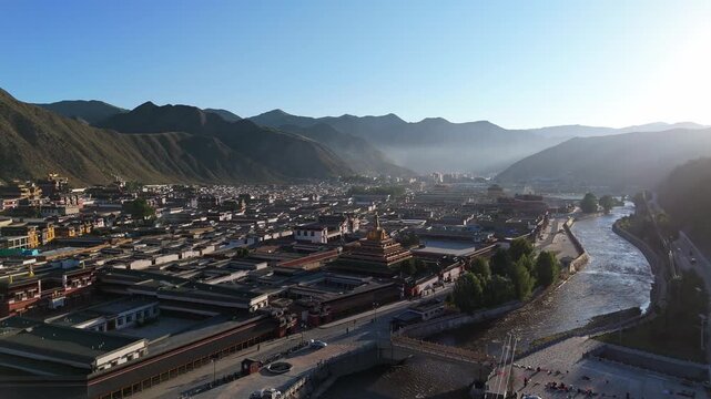 Aerial Dawn View of Labrang Monastery and Gongtang Pagoda in Gansu China