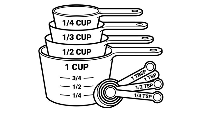 Set of black and white line art measuring cups and spoons, isolated on white background