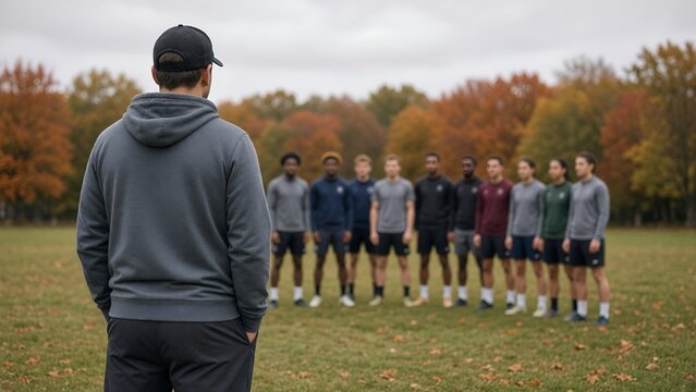 Coach Addressing Athletic Soccer Team During Fall Practice Session on a Grassy Field