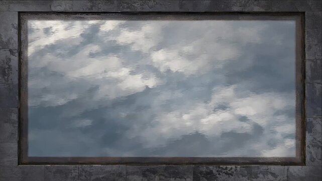Dramatic Cloudscape and Cloudy Sky Framed by Weathered Wood and Stone Border, Cinematic City Timelapse Background with Moody Light, Textured Architecture, Tranquil Visual Depth