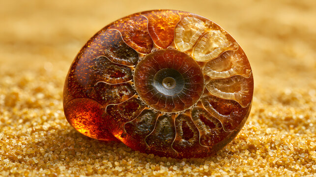 Macro shot of a fossilized ammonite shell resting on textured golden sand background