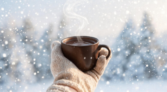 Warm hot chocolate cup with falling snow winter cozy scene