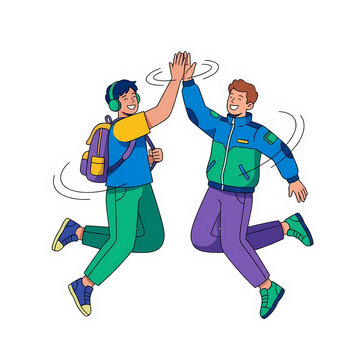 Two happy friends jumping and giving high five isolated on transparent background, illustration