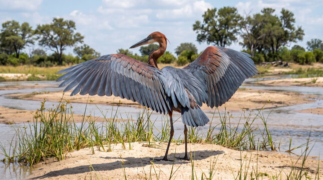 Goliath Heron Displaying Wings Wide Open on Sandy Bank Near River
