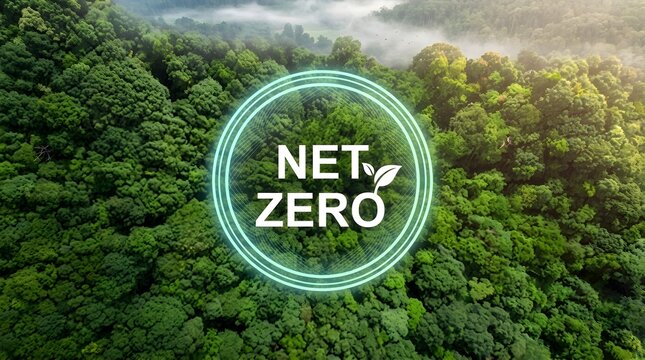 Net zero concept with a glowing green symbol floating above a lush green forest canopy representing sustainability and environmental protection