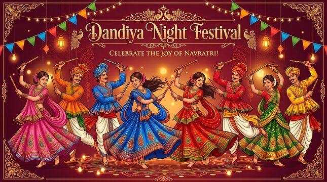 Illustration of couple playing Garba and Dandiya in Navratri Celebration and disco, Gujarati Garba Night poster for Navratri Dussehra festival of ..