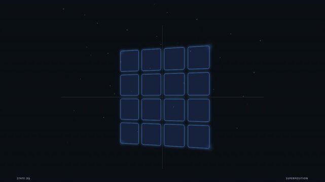 Quantum computing qubit Hadamard gate transition animation with glowing blue particle flow and circuit grid