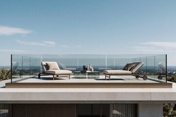 Fototapeta premium Modern rooftop terrace with glass railing and lounge chairs. Elegant furniture sits on patio with city view. Clear blue sky above outdoor seating area.