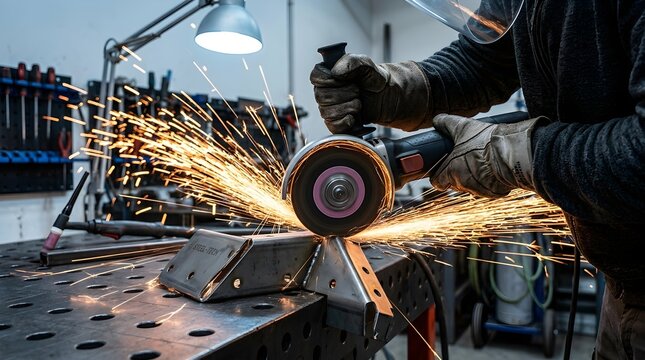 Metal worker grinding steel with angle grinder in industrial workshop with bright sparks flying