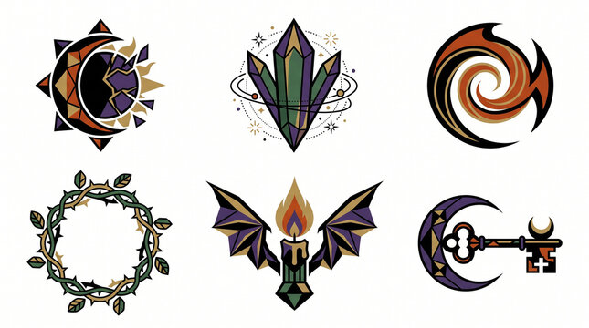 Halloween Occult Geometry Icon Set with Magic Crystals Bat Candle and Esoteric Symbols