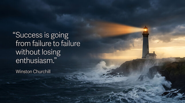 Lighthouse on rocky cliff shining bright beam of light over rough sea waves during stormy sunset with ocean waves quote text success quote guidance