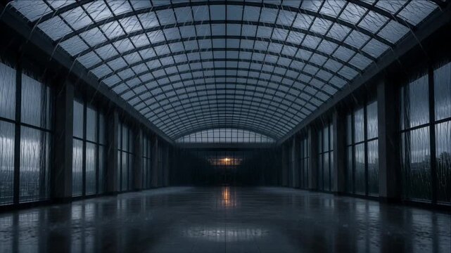 Cinematic arched city hall interior timelapse background with modern glass corridor atrium vaulted ceiling reflective floor warm light panoramic windows architectural scene for urban design travel