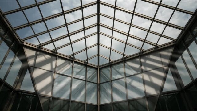 Cinematic City Timelapse Background Featuring Geometric Glass Roof, Steel Structure, Architectural Symmetry, Dramatic Reflections, Shifting Sunlight, Modern Atrium Architecture