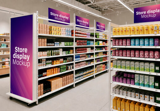 Supermarket Store Multiple Panels and Roller Display Mockup