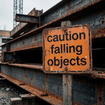 Rusty metal beams at construction site with orange caution falling objects sign. Danger warning for workers and pedestrians on industrial site unsafe zone.