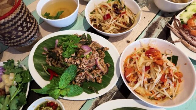 Traditional Isan Thai Food Spread with Som Tum and Larb