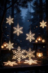 Fototapeta premium Glowing snowflake lights hang in a dark, snowy forest setting. Lit lanterns and pine branches add to the festive winter atmosphere, perfect for holiday greetings and winter scenes.
