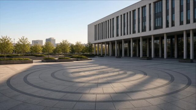 Modern City Plaza Geometric Paving Civic Building Cinematic Timelapse Background Featuring Curved Patterns, Landscaped Garden, Long Shadows, Clear Daylight, and Distant Residential Towers