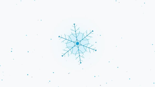 Blue geometric snowflake crystal rotating with falling particles on a light winter background
