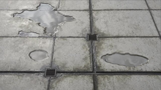 Cinematic city timelapse background featuring rain puddle reflections on weathered concrete pavement, drainage grate, stormwater texture, geometric urban pattern, and atmospheric wet surface details
