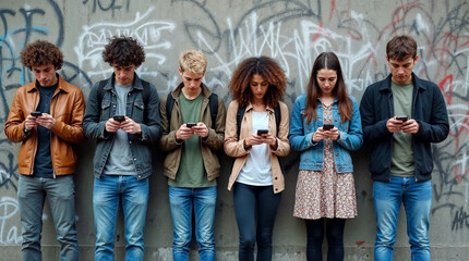Fototapeta premium Six young people stand shoulder to shoulder against a graffiti covered concrete wall, each looking down at a smartphone screen in a quiet urban street scene.