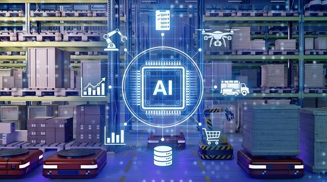 Smart Automated Warehouse with Artificial Intelligence Technology and Autonomous Logistics Robots
