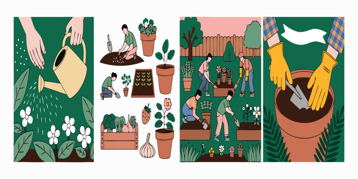 Organic gardening and backyard farming vertical banner set with people planting flowers and vegetables.